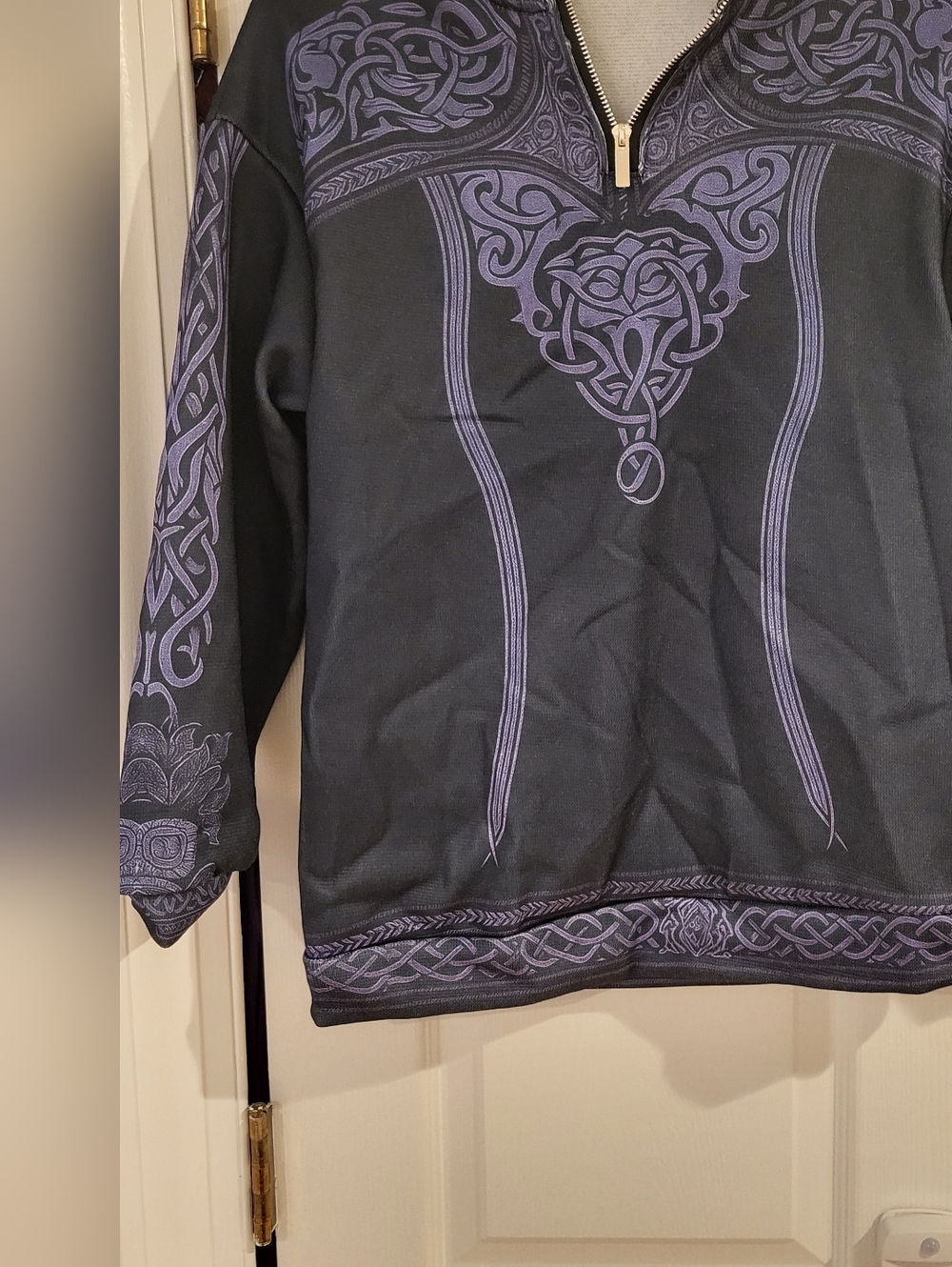 Womans Black Sweater with Purple Celtic Print - Half-Zip Pullover